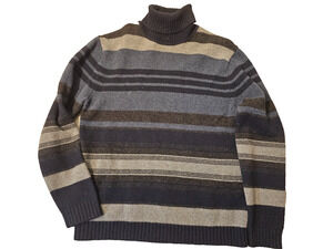 Banana Republic Mens Knit Turteneck Sweater Medium Navy Striped 100% Lambswool